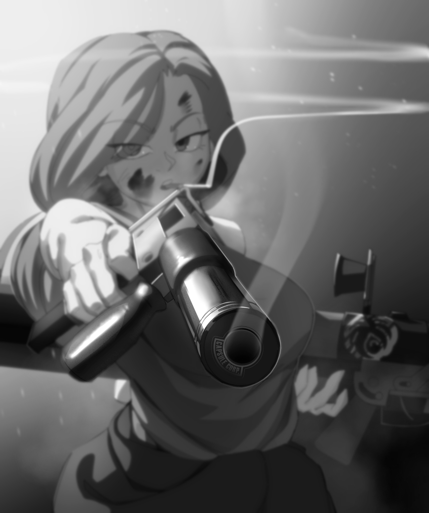 1girl absurdres artist_logo blood blood_on_face blurry breasts bulma bulma_(future) capsule_corp cigarette clothes_around_waist commentary depth_of_field dragon_ball dragonball_z dual_wielding english_commentary greyscale gun highres holding holding_gun holding_weapon jacket jacket_around_waist large_breasts logo looking_at_viewer low_ponytail mac-10/11 mlix monochrome parted_hair ponytail smoke smoking smoking_barrel solo submachine_gun teeth weapon