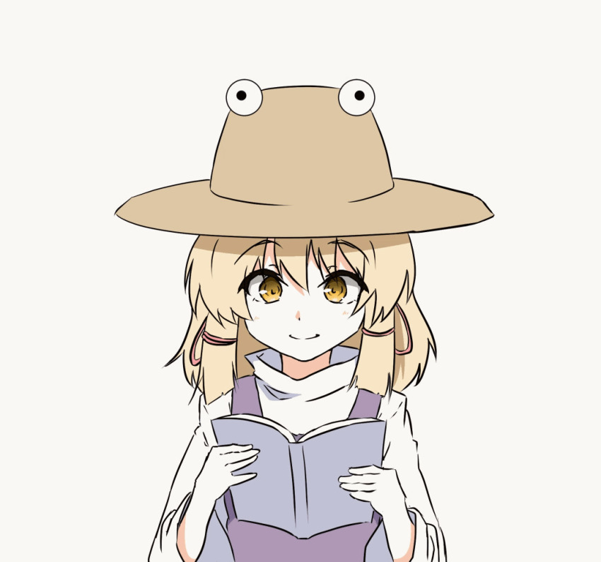 1girl book hat holding holding_book moriya_suwako purple_vest red_ribbon ribbon simple_background solo tarumaru touhou vest yellow_eyes