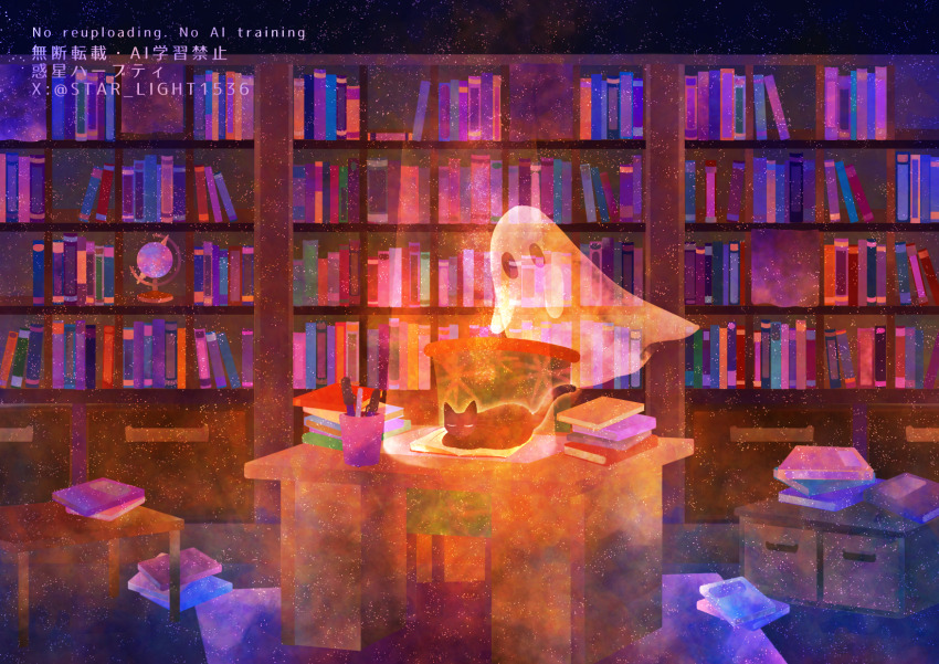 book book_stack bookshelf cat desk ghost highres library no_mouth original sleeping star_(sky) starry_skin starry_sky_background surreal too_many too_many_books wakusei_habuti wide_shot