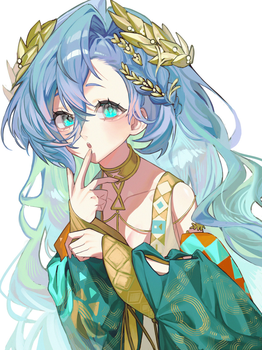 1girl 37_(reverse:1999) :o absurdres ancient_greek_clothes bare_shoulders blue_eyes blue_hair blue_robe finger_to_mouth gold_choker greco-roman_clothes hair_between_eyes hands_up highres inward_w laurel_crown long_hair looking_at_viewer reverse:1999 robe ryoryo. solo toga upper_body very_long_hair w wavy_hair white_background