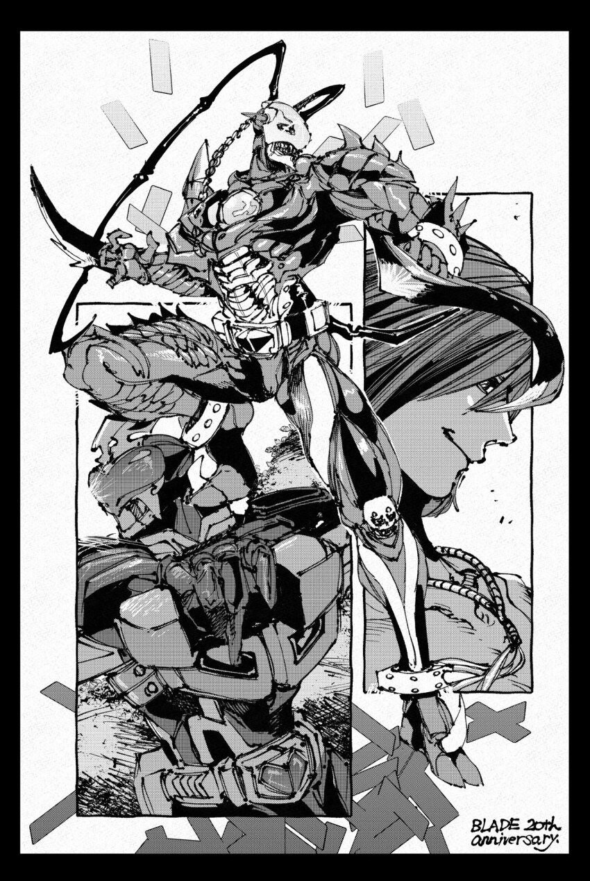3boys aikawa_hajime anniversary antennae greyscale highres human_undead ichitaka_(1015ichitaka) jewelry joker_(blade) kamen_rider kamen_rider_blade_(series) kamen_rider_chalice monochrome monster multiple_boys necklace sharp_teeth smile spikes teeth tokusatsu
