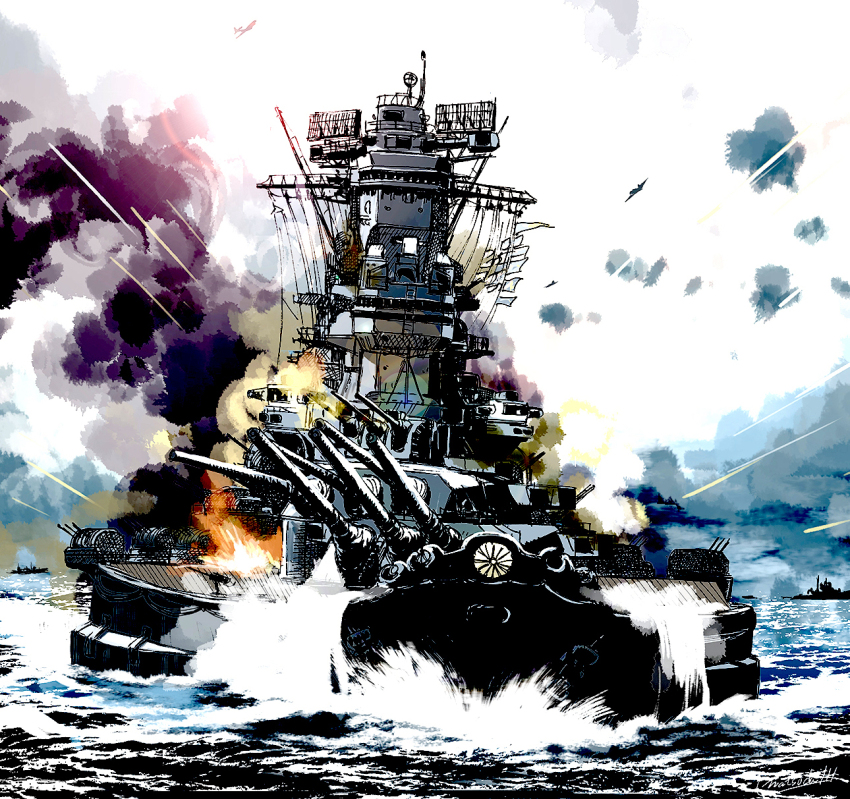 anti-aircraft anti-aircraft_gun autocannon battleship cannon highres imperial_japanese_navy matsuda_juukou military military_vehicle no_humans ocean original range_finder ship ship_turret tbf_avenger type_96_aa_gun vehicle_focus warship watercraft waves yamato_(battleship)