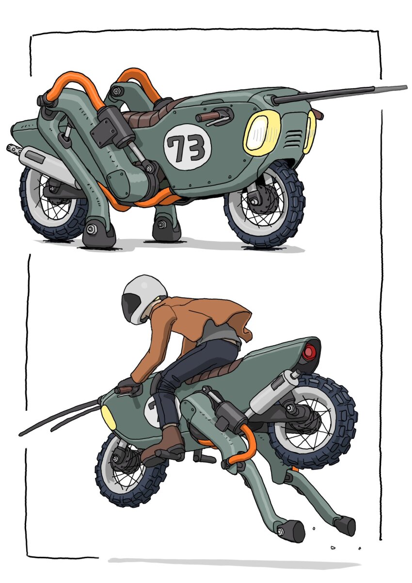 1boy black_gloves black_pants boots brown_boots brown_jacket commentary english_commentary from_side gatling_santouhei gloves handlebar helmet highres jacket motor_vehicle motorcycle motorcycle_helmet original pants riding simple_background solo tube vehicle_focus white_background
