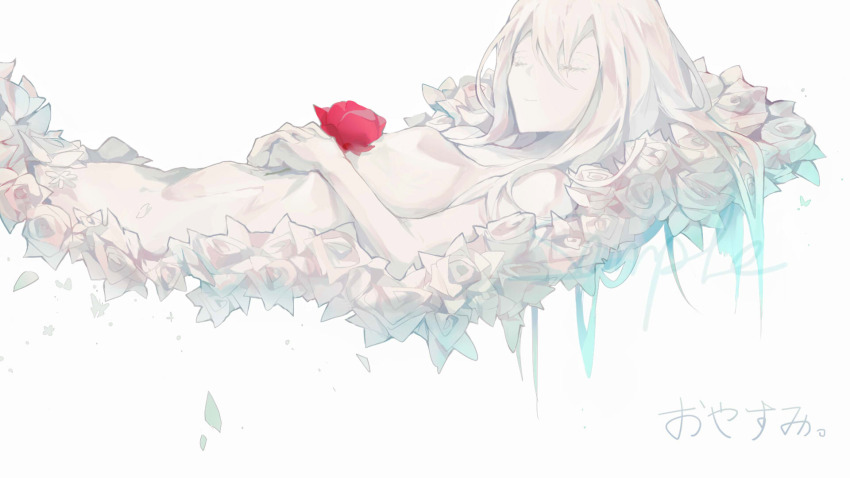 1girl bare_arms bare_shoulders breasts closed_eyes closed_mouth commentary cowboy_shot dinned dress eyelashes falling_petals flower hair_between_eyes hair_flowing_over highres holding holding_flower interlocked_fingers long_dress long_hair lying on_back original own_hands_together pale_skin petals red_flower red_rose romaji_commentary rose rose_petals sleeping sleeveless sleeveless_dress smile solo translated white_background white_dress white_flower white_hair white_rose white_theme