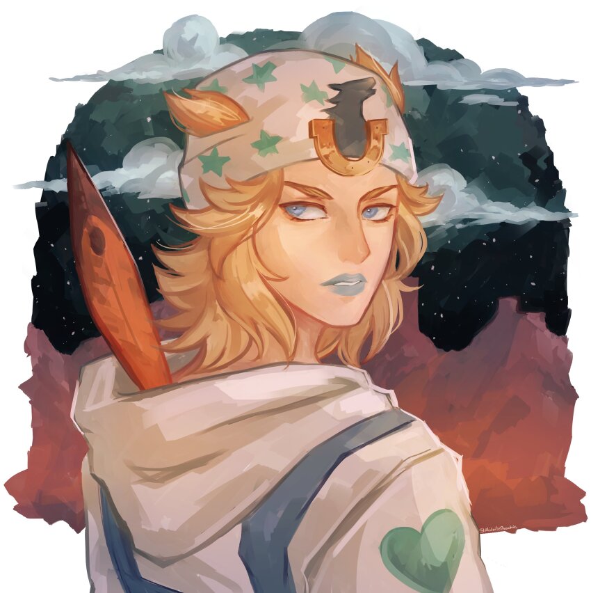 1boy absurdres blonde_hair blue_eyes blue_lips cloud commentary english_commentary feathers from_behind hat heart_ornament highres hood hood_down hoodie horse_print horseshoe_hat_ornament horseshoe_ornament johnny_joestar jojo_no_kimyou_na_bouken looking_back makeup male_focus medium_hair midnitetheatric mountain night night_sky sky solo star_(sky) star_(symbol) star_print starry_sky steel_ball_run white_hat white_hoodie