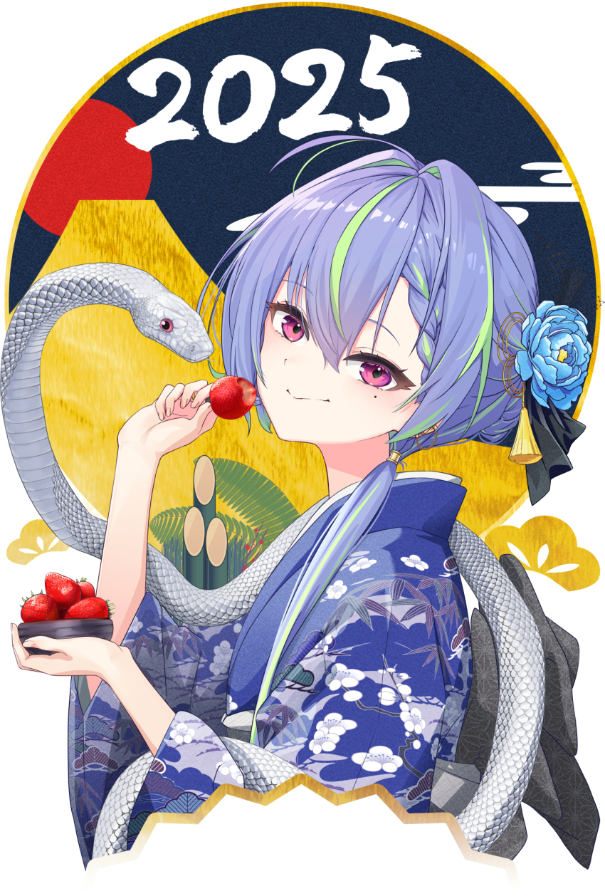 1girl 2025 alternate_costume blue_flower blue_hair blue_kimono blush bowl chinese_zodiac closed_mouth commentary_request egasumi floral_print floral_print_kimono flower food fruit green_hair hair_flower hair_intakes hair_ornament highres holding holding_bowl japanese_clothes kadomatsu kimono long_sleeves looking_at_viewer looking_to_the_side mole mole_under_eye mount_fuji multicolored_hair nanashi_inc. ougimaneki pink_eyes print_kimono short_hair smile snake solo strawberry suzumi_nemo tassel tassel_hair_ornament two-tone_hair upper_body variant_set virtual_youtuber white_background wide_sleeves year_of_the_snake yukata