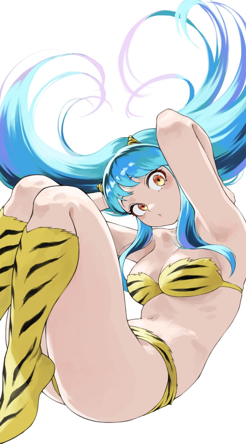 1girl absurdres animal_print arms_up bikini blue_hair breasts cone_horns fengling_(furin-jp) fur_bikini highres horns looking_at_viewer lum medium_breasts navel oni print_footwear small_horns solo strapless strapless_bikini swimsuit tiger_print urusei_yatsura white_background yellow_eyes yellow_horns