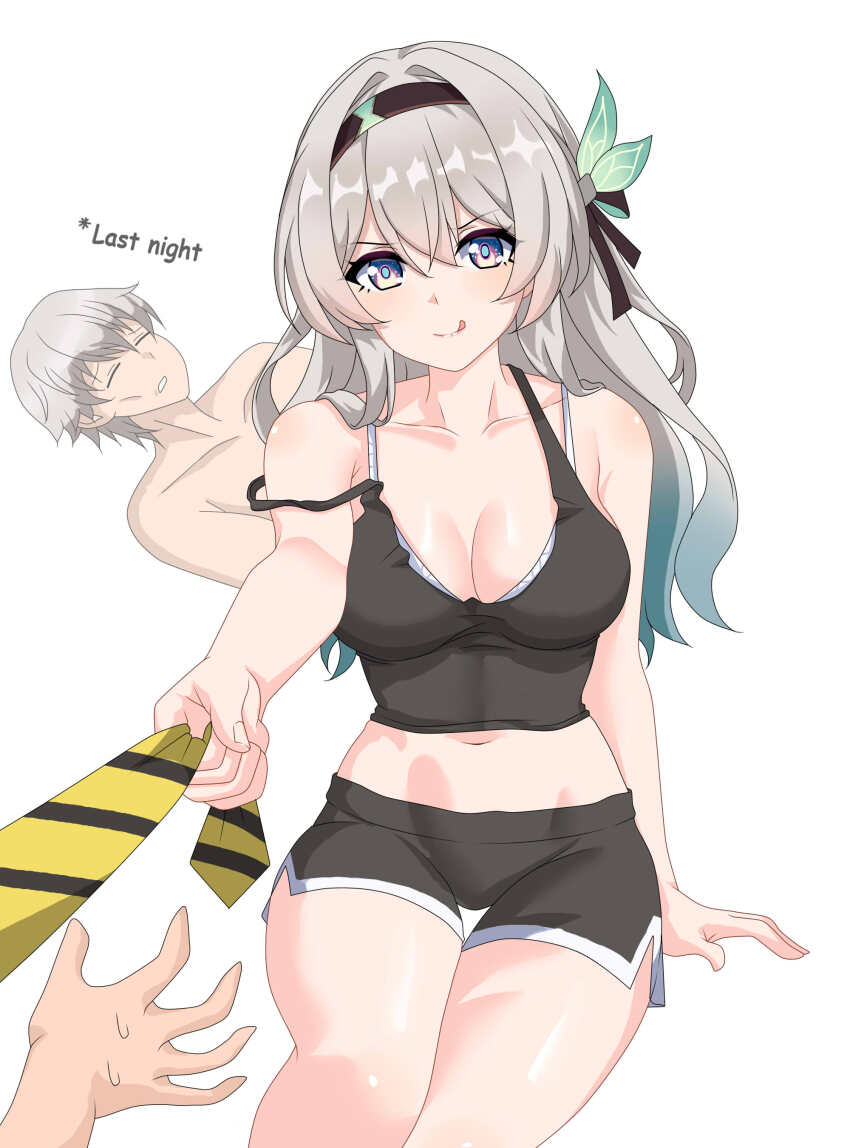 1boy 1girl absurdres black_camisole black_shorts bra bra_peek caelus_(honkai:_star_rail) camisole firefly_(honkai:_star_rail) gradient_hair green_hair grey_hair guy_tired_after_sex_(meme) hair_ornament highres honkai:_star_rail honkai_(series) licking_lips long_hair looking_at_viewer maxwelzy meme midriff multicolored_hair navel out_of_frame pov purple_eyes shorts simple_background smile tongue tongue_out trailblazer_(honkai:_star_rail) two-tone_hair underwear white_background white_bra