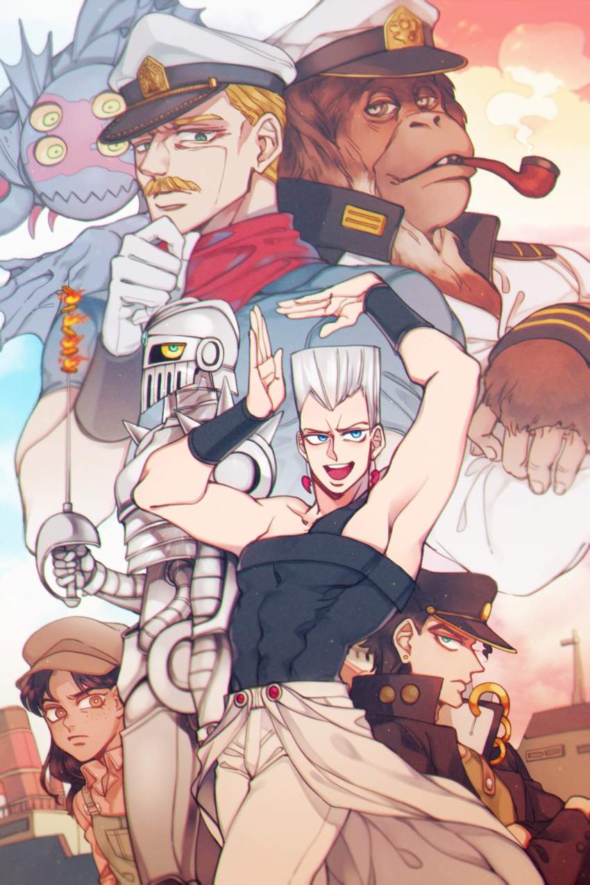 1girl 6+boys blonde_hair blue_eyes cabbie_hat captain_tennille dark_blue_moon facial_hair flattop forever_(jojo) gloves grey_hair hat highres jean_pierre_polnareff jojo_no_kimyou_na_bouken kuujou_joutarou military military_hat military_uniform multiple_boys mustache orangutan overskirt rapier runaway_girl_(jojo) sempon_(doppio_note) silver_chariot smoking smoking_pipe stand_(jojo) stardust_crusaders strength_(stand) sword weapon
