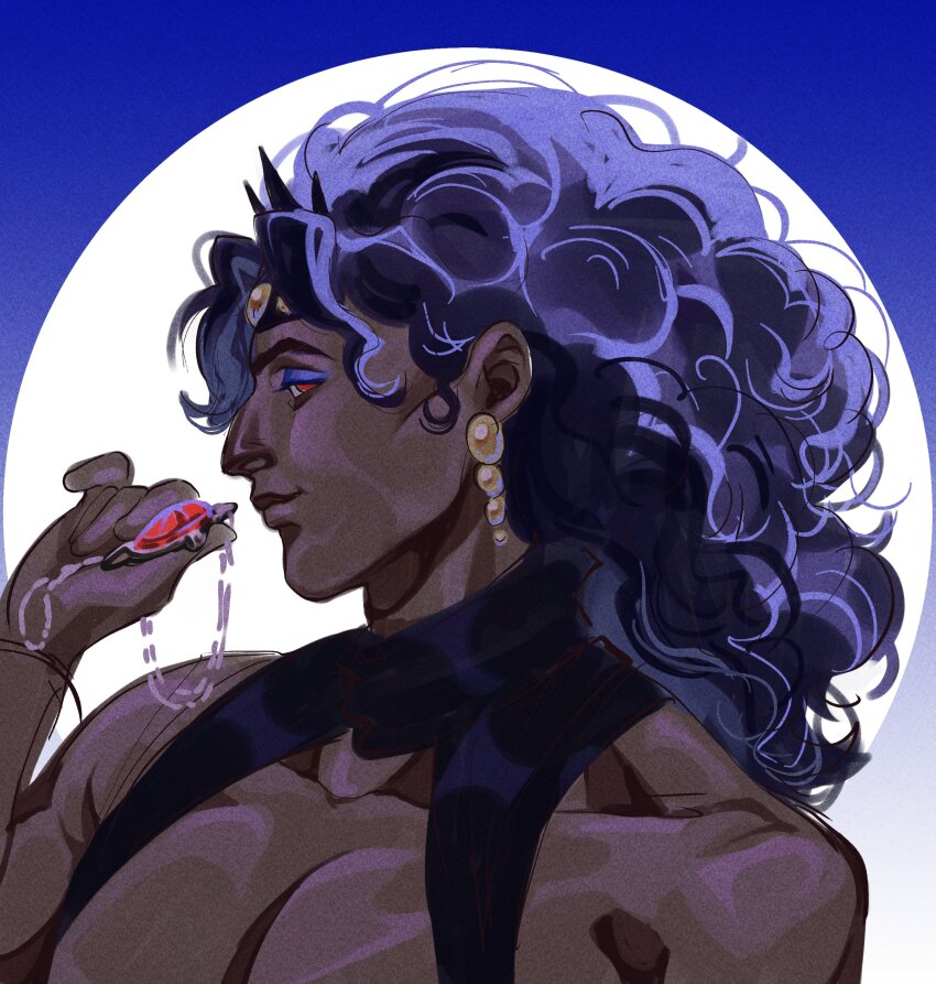 1boy absurdres battle_tendency commentary dark-skinned_male dark_skin earrings english_commentary eyeshadow highres holding holding_jewelry holding_necklace horns jewelry jojo_no_kimyou_na_bouken kars_(jojo) koshfa long_hair looking_at_viewer makeup male_focus manly muscular muscular_male necklace pectorals profile purple_eyeshadow purple_hair red_eyes red_stone_of_aja revealing_clothes solo unworn_jewelry wavy_hair