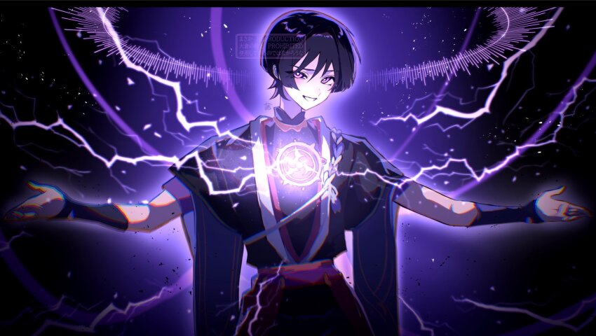 1boy armor aura black_background black_bodysuit black_hair black_kimono black_sleeves blunt_ends bodysuit bright_pupils furisode genshin_impact glowing_chest gold halo highres japanese_armor japanese_clothes jewelry juban kimono kote kurokote layered_sleeves looking_at_viewer male_focus mandarin_collar mitsudomoe_(shape) neck_ring nero_hanken o-ring open_clothes open_hands open_kimono outstretched_arms purple_aura purple_electricity purple_eyes purple_halo purple_sash purple_sleeves red_kimono red_sash sash scaramouche_(genshin_impact) short_sleeves smug solo spread_arms tomoe_(symbol) tsurime uneven_eyes upper_body watermark white_kimono white_pupils