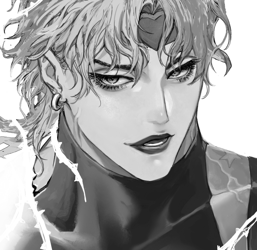 1boy androgynous birthmark commentary covered_collarbone dio_brando earrings greyscale heart_headband hermit_purple highres hoop_earrings jewelry joestar_birthmark jojo_no_kimyou_na_bouken lipstick looking_at_viewer makeup male_focus medium_hair monochrome muscular muscular_male open_mouth plant shoulder_tattoo skin_tight sleeveless sleeveless_turtleneck solo star_(symbol) stardust_crusaders tattoo turtleneck upper_body user_xwap7887 vines