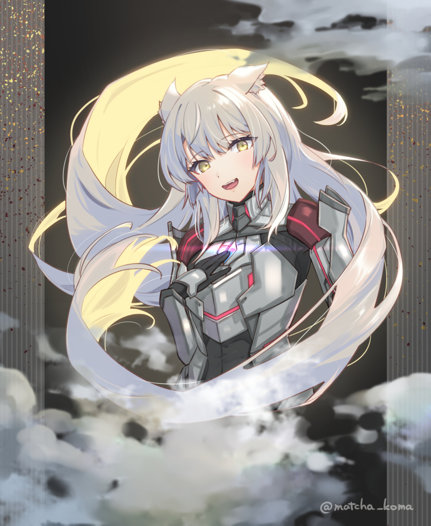 1girl animal_ears armor black_gloves cat_ears chest_jewel fang fog gloves grey_hair hand_on_own_chest highres long_hair m_(xenoblade) twitter_username xenoblade_chronicles_(series) xenoblade_chronicles_3 yanagimachi yellow_eyes