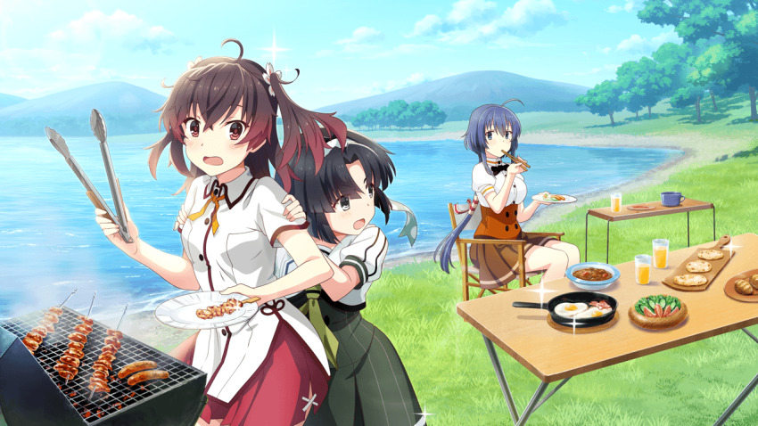 3girls :d ahoge asakura_mihono black_hair blue_eyes blue_hair bread breasts brown_eyes brown_hair brown_skirt chopsticks collared_shirt curry day dress drink eating food frying_pan game_cg green_dress green_eyes green_neckerchief grill hairband hands_on_another&#039;s_shoulders heijou_institute_school_uniform holding holding_chopsticks holding_food holding_plate juice lake large_breasts long_hair looking_at_another medium_hair minoseki_gakuin_uniform multiple_girls musumi_kiyoka neckerchief non-web_source official_art on_chair open_mouth orange_juice osafune_girls_academy_school_uniform outdoors plate red_skirt school_uniform setouchi_chie shirt short_hair short_sleeves sitting skewer skirt smile standing summer_uniform table toji_no_miko toji_no_miko:_kizamishi_issen_no_tomoshibi two_side_up v-shaped_eyebrows wavy_mouth white_hairband white_shirt