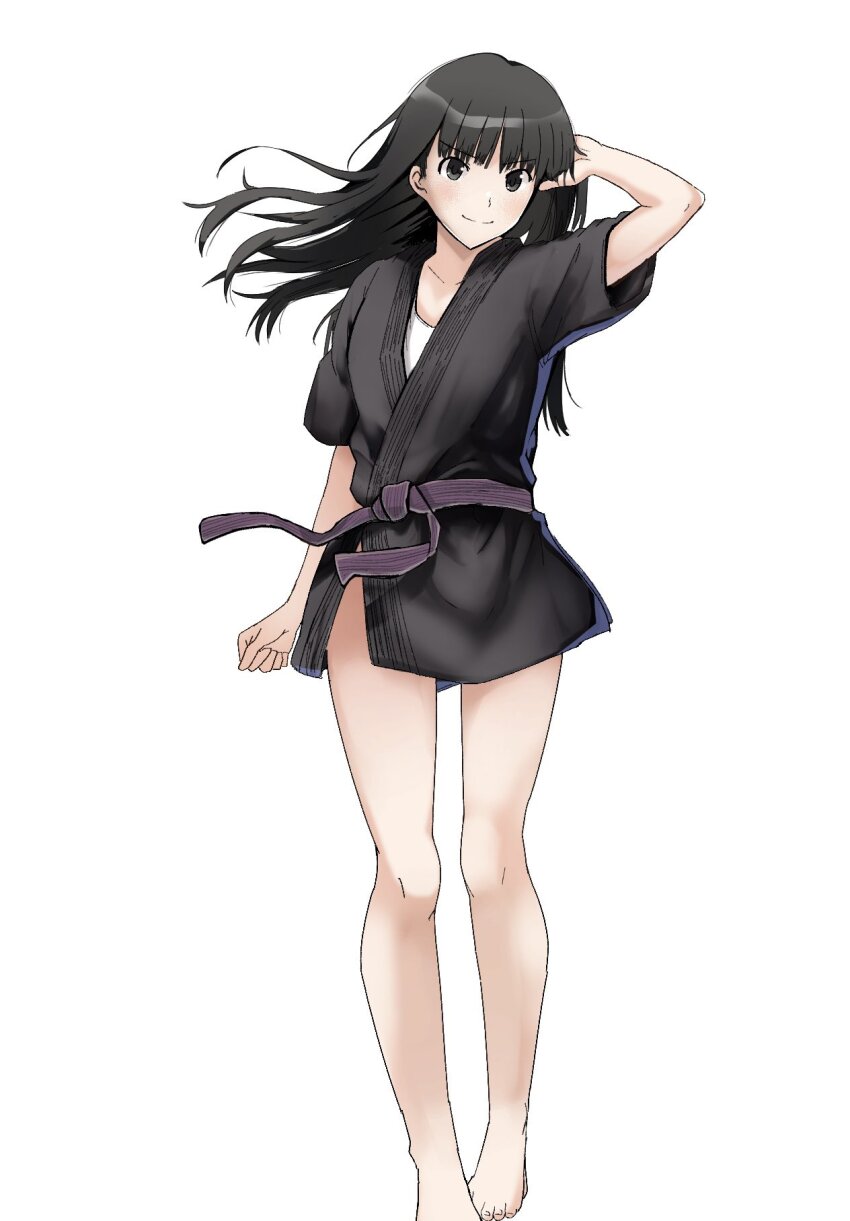 1girl amagami ayatsuji_tsukasa barefoot belt black_eyes black_hair black_kimono clenched_hand closed_mouth commentary gyuunyuu_pack_(tanaka) hand_in_own_hair hand_up highres japanese_clothes judo kimono legs long_hair looking_at_viewer purple_belt short_kimono short_sleeves simple_background solo standing straight_hair white_background