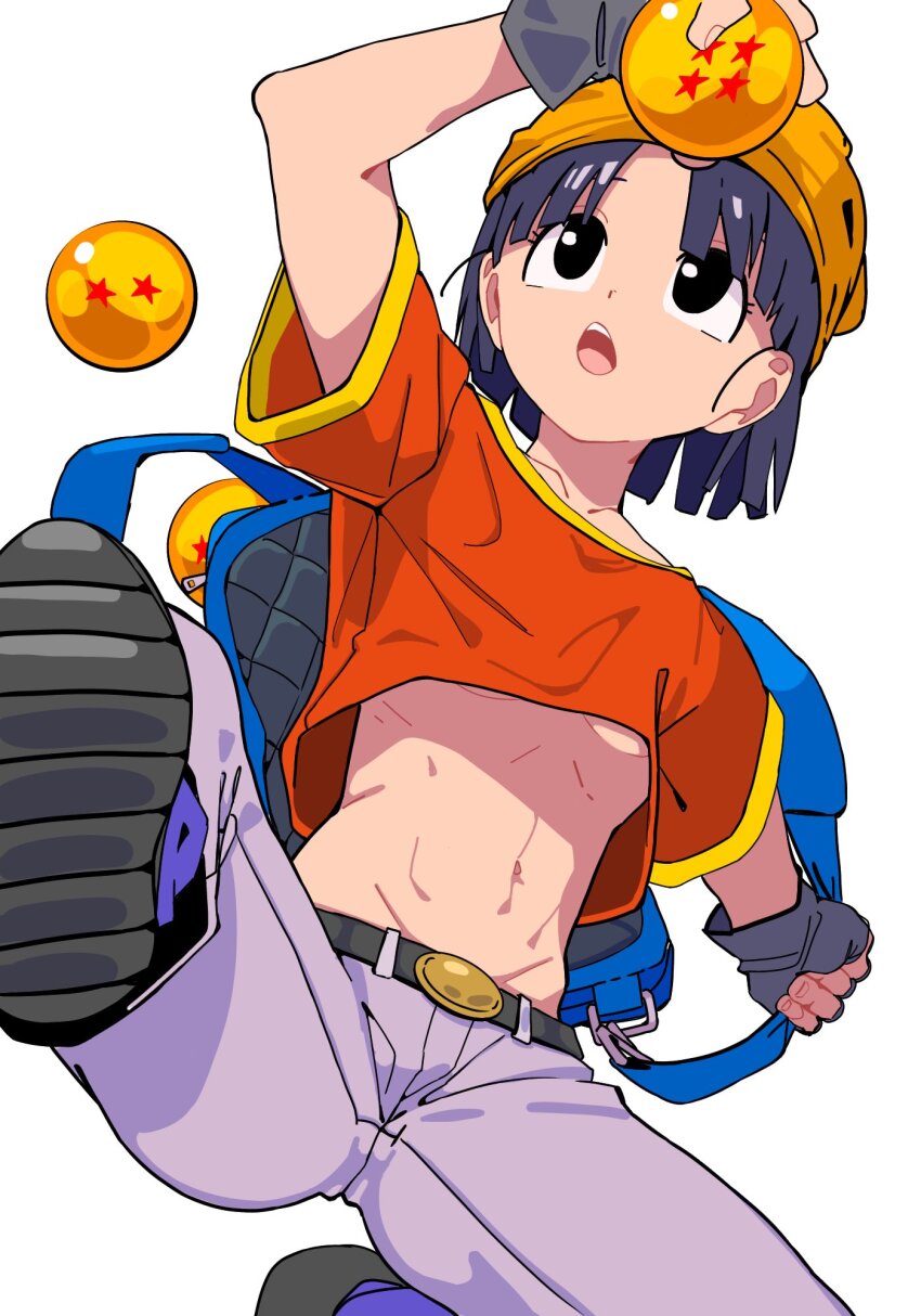 1girl bandana belt black_eyes black_gloves black_hair breasts denim dragon_ball dragon_ball_(object) dragon_ball_gt fingerless_gloves gloves goyu_moon highres jeans midriff open_mouth orange_bandana pan_(dragon_ball) pants red_shirt shirt short_hair simple_background solo underboob white_background