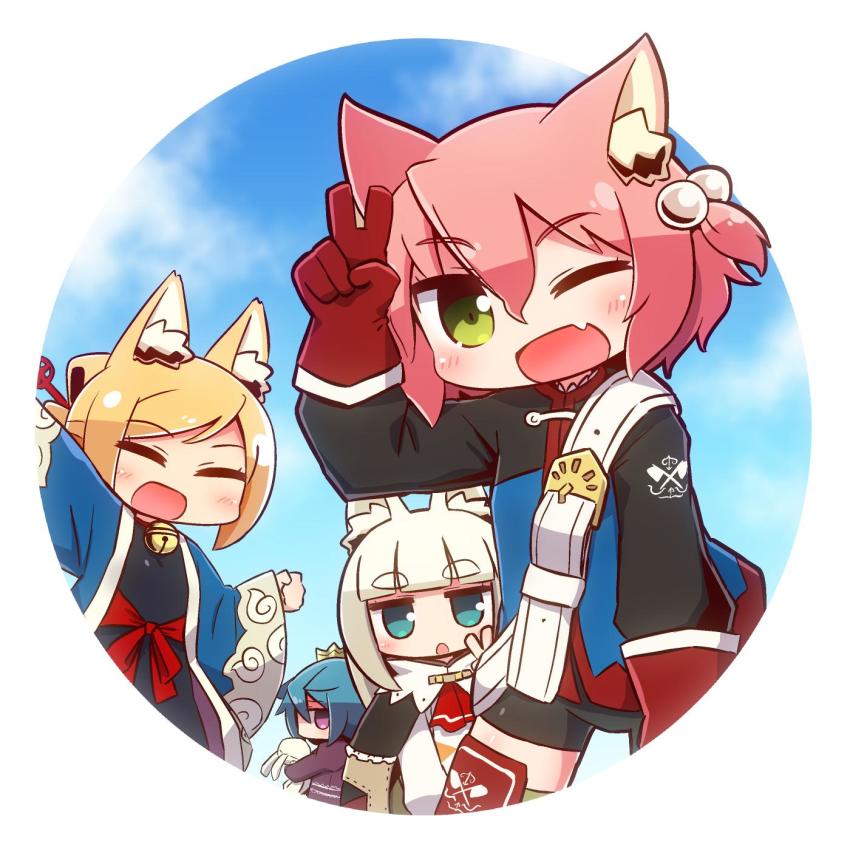 4girls 7th_dragon 7th_dragon_(series) :d :o ;d animal_ear_fluff animal_ears belt belt_buckle bike_shorts black_bodysuit black_cape black_shorts blonde_hair blue_hair blue_jacket blue_sky blush bodysuit buckle cape cat_ears closed_eyes cloud cloudy_sky commentary_request cover cover_page day fang fighter_(7th_dragon) fox_ears gloves green_eyes hair_between_eyes hair_bobbles hair_ornament hand_up harukara_(7th_dragon) highres hugging_object ikurakun_(7th_dragon) jacket juliet_sleeves long_sleeves mage_(7th_dragon) momomeno_(7th_dragon) multiple_girls naga_u namuna_(7th_dragon) one_eye_closed one_side_up open_clothes open_mouth outstretched_arm parted_lips pink_hair princess_(7th_dragon) profile puffy_sleeves purple_eyes purple_skirt red_gloves samurai_(7th_dragon) samurai_(7th_dragon) shirt short_eyebrows short_shorts shorts skirt sky sleeves_past_wrists smile stuffed_animal stuffed_rabbit stuffed_toy thick_eyebrows thighhighs v white_belt white_hair white_shirt wide_sleeves
