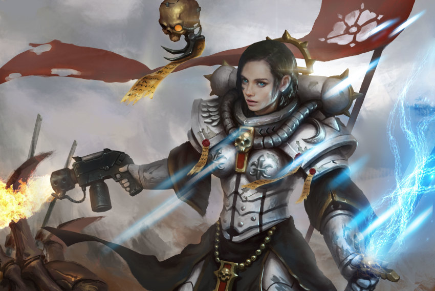 1girl absurdres alternate_hair_color armor banner battle black_hair blue_eyes boobplate breastplate commentary dual_wielding electricity english_commentary facial_tattoo finger_on_trigger firing flamer flamethrower fleur-de-lis forehead highres holding imperium_of_man lips nose pauldrons pelvic_curtain power_armor power_sword purity_seal realistic servitor shoulder_armor adepta_sororitas skull solo_focus tattoo tyranid warhammer_40k weapon yangzheyy