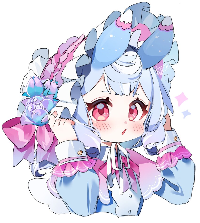 1girl :o animal_ears artist_name blue_flower blue_hair blue_shirt blush bonnet bow bowtie commentary_request crossed_bangs flower frilled_bonnet frilled_sleeves frills genshin_impact gradient_hair hair_between_eyes hair_bow hair_flower hair_ornament hands_up highres long_sleeves looking_at_viewer low_twintails meda_cha medium_hair multicolored_hair open_mouth pink_bonnet pink_bow pink_bowtie puffy_long_sleeves puffy_sleeves purple_hair red_eyes ribbon romaritime_flower shirt sidelocks sigewinne_(genshin_impact) signature simple_background sleeve_cuffs solo twintails upper_body white_background white_ribbon