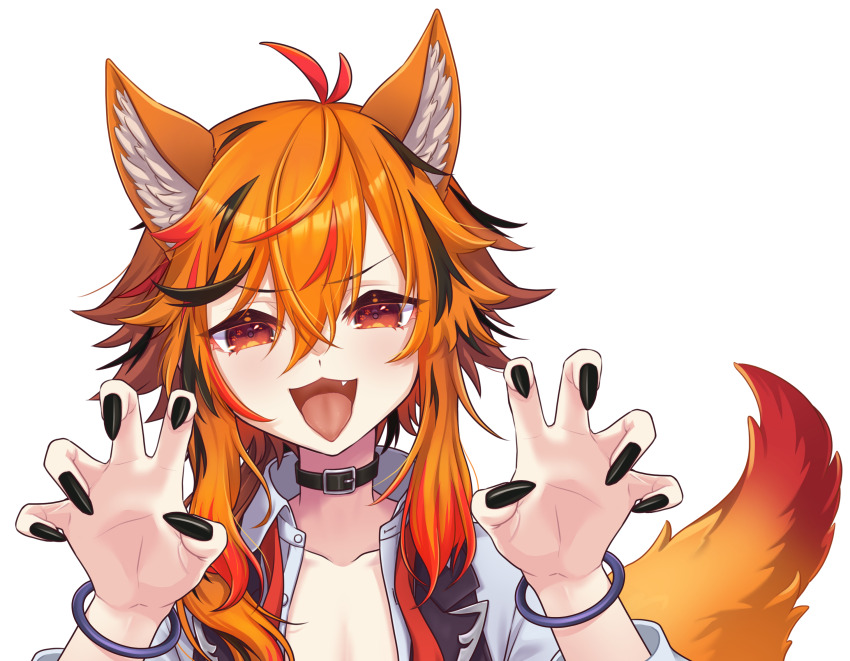 1girl animal_ears belt belt_collar black_belt black_hair black_nails black_vest bracelet claw_pose collar collarbone fang fingernails fox_ears fox_girl fox_tail hair_between_eyes highres jewelry kazami_kuku kemonomimi_mode large_variant_set long_bangs long_hair looking_at_viewer multicolored_hair nail_polish nanashi_inc. open_clothes open_shirt open_vest orange_eyes orange_hair red_hair reona_kfc02 shirt simple_background smile solo tail tongue tongue_out transparent_background upper_body v-shaped_eyebrows variant_set vest virtual_youtuber white_shirt