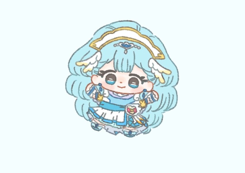 1girl absurdly_long_hair beads blue_background blue_eyes blue_hair blue_sash blue_shoes blue_wrist_cuffs blunt_bangs chibi closed_mouth cure_ange dot_nose dress earrings eyelashes frilled_dress frilled_wrist_cuffs frills hair_beads hair_ornament hairband happy heart heart_hair_ornament hugtto!_precure ichigo_usuhana jewelry light_blush long_dress long_hair looking_at_viewer magical_girl makeup mascara outstretched_arms precure sash shoes short_sleeves simple_background smile solo tareme very_long_hair waist_sash white_dress white_hairband wing_hair_ornament wrist_cuffs yakushiji_saaya