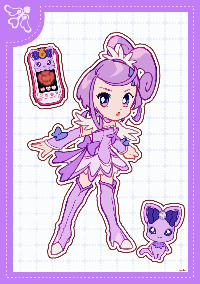 1girl boots border bow brooch cellphone choker clenched_hand cure_sword curly_hair davi_(dokidoki!_precure) deformed determined dokidoki!_precure dot_nose dotted_line dress earrings feather_sleeves full_body furrowed_brow grid_background hair_ornament hair_tie hairclip heart heart_brooch high_heel_boots high_heels high_side_ponytail highres jewelry kenzaki_makoto loose_hair_strand magical_girl medium_hair open_mouth outline petticoat phone ponytail precure purple_arm_warmers purple_background purple_boots purple_border purple_bow purple_choker purple_dress purple_eyes purple_hair short_dress short_ponytail short_sleeves signature smartphone spade_(shape) spade_earrings standing stiletto_heels swept_bangs tareme thigh_boots uwded_207 waist_bow white_background white_outline white_sleeves