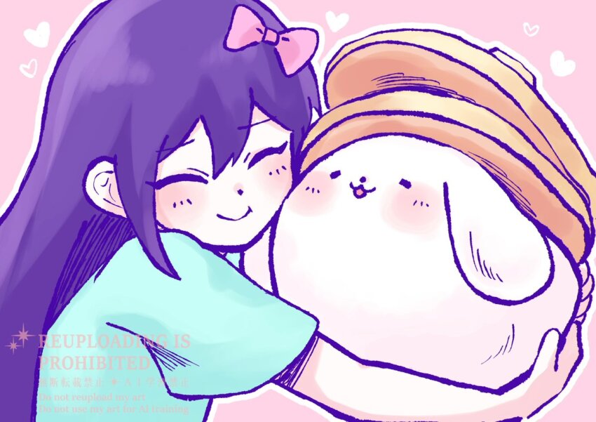 1girl animal aubrey_(headspace)_(omori) aubrey_(omori) blue_shirt blush bow closed_eyes closed_mouth hair_bow holding holding_animal imo_mo_0 long_hair omori pancake_bunny_(omori) pink_bow purple_hair rabbit shirt short_sleeves smile t-shirt watermark