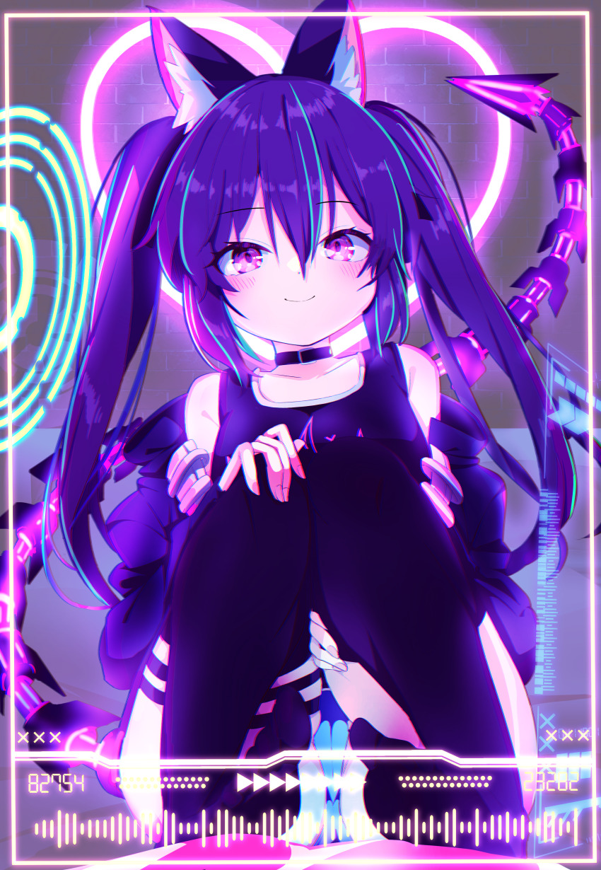 1girl absurdres animal_ear_fluff animal_ears bare_shoulders belt_collar black_choker black_jacket black_thighhighs blue_hair blush choker closed_mouth collar collarbone commission feet glitch hair_between_eyes hands_on_own_knees highres jacket knees_up long_hair looking_at_viewer mechanical_tail multicolored_hair neon_lights no_shoes off_shoulder one-piece_swimsuit open_clothes open_jacket original panties pantyshot pink_eyes purple_eyes purple_hair purple_jacket school_swimsuit shiro9jira sitting skeb_commission smile solo streaked_hair striped_clothes striped_panties swimsuit tail thighhighs twintails underwear