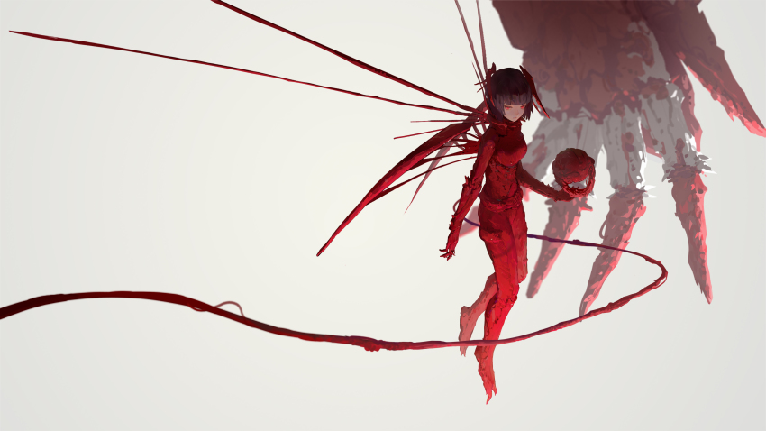 1girl absurdres alien benisuzume_(gauna) black_hair bob_cut breasts female_focus full_body gauna headgear helmet highres monster_girl red_eyes short_hair sidonia_no_kishi solo tentacles tuzki