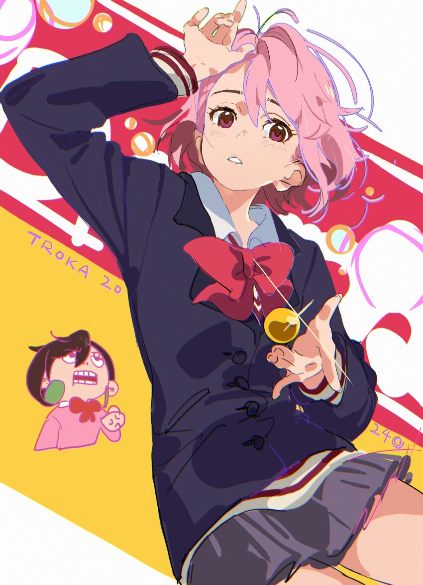 2girls absurdres arm_up artist_name ayase_momo ball black_jacket bow bowtie brown_hair chibi chibi_inset commentary dandadan grey_skirt hand_up highres jacket long_sleeves looking_at_viewer multiple_girls parted_lips pink_hair red_bow red_bowtie red_eyes school_uniform shiratori_aira_(dandadan) skirt solo_focus symbol-only_commentary thighs troka wing_collar