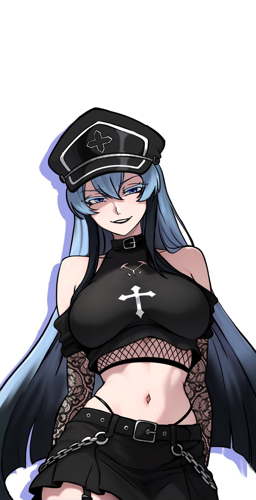 1girl absurdres akame_ga_kill! bare_shoulders belt black_belt black_choker black_shorts blue_eyes blue_hair breasts chain choker cross esdeath goth_fashion hat highres large_breasts long_hair looking_at_viewer peaked_cap redpostit shorts simple_background smile solo upper_body very_long_hair white_background white_cross