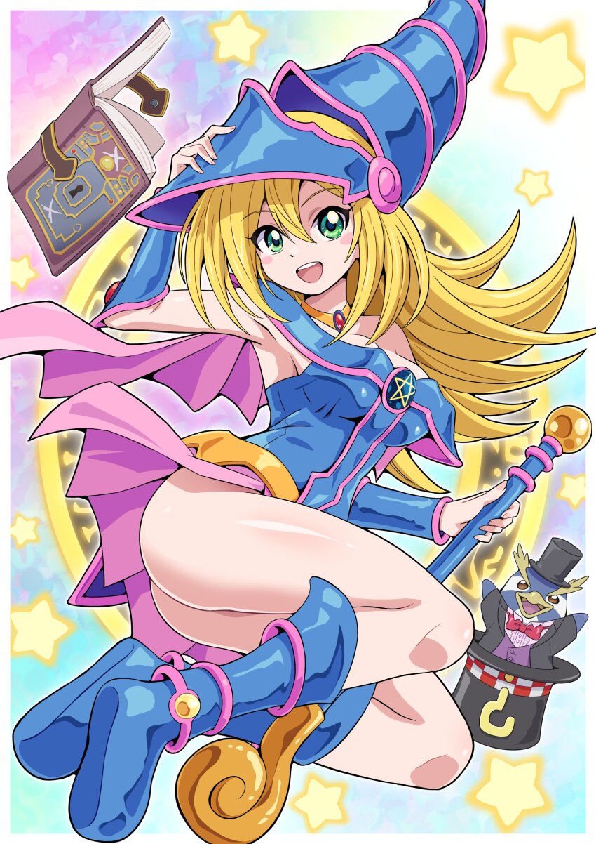 1girl absurdres arm_up armpits ass bird blonde_hair blue_boots blue_dress blue_hat book boots breasts commentary_request commission dark_magician_girl dress duel_monster green_eyes hand_on_headwear hat highres long_hair magic_formula_(yu-gi-oh!) magical_hats_(yu-gi-oh!) nightmare_penguin open_mouth penguin pink_skirt pokemoa short_dress showgirl_skirt skeb_commission skirt smile thighs top_hat wand wizard_hat yu-gi-oh!