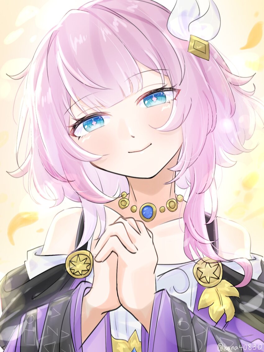 1girl blue_eyes coat collarbone commentary_request cyrene_(honkai:_star_rail) dress hair_ornament highres honkai:_star_rail honkai_(series) jewelry kana40830 looking_at_viewer medium_hair multicolored_hair necklace own_hands_together pink_hair purple_coat smile solo two-tone_hair upper_body white_dress white_hair