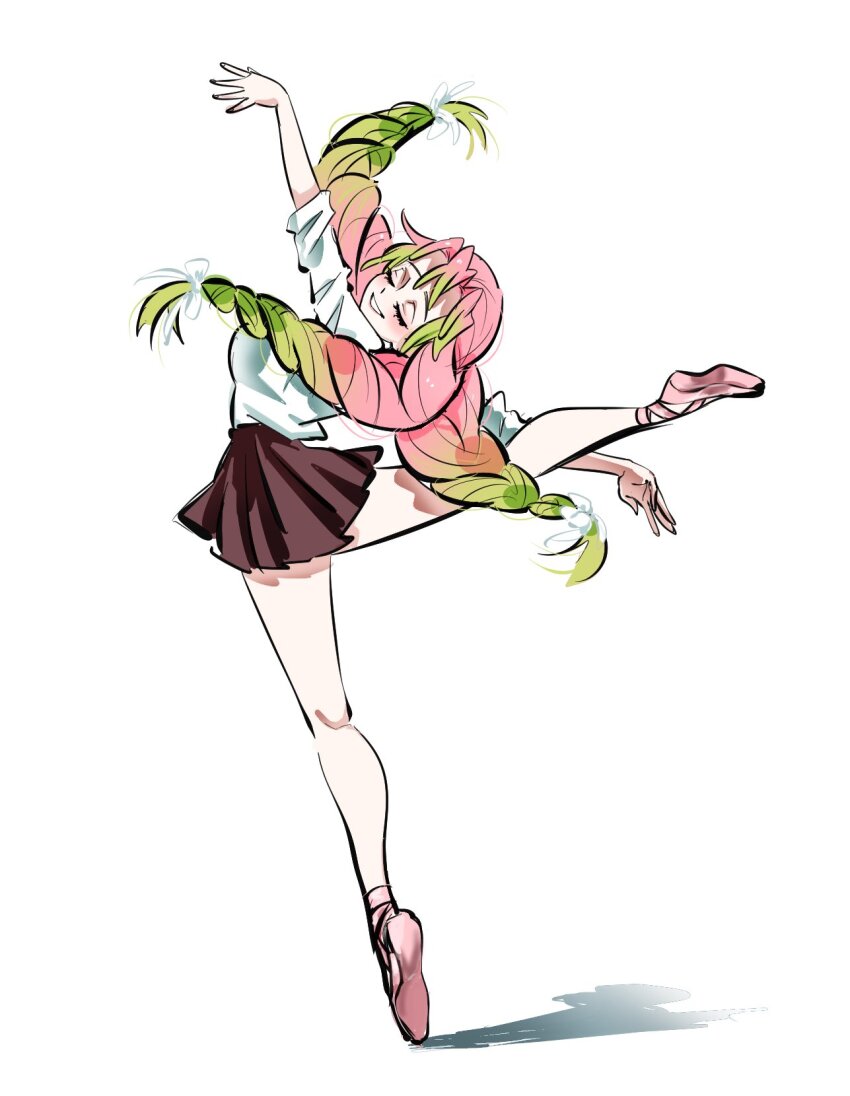 ballet ballet_slippers black_skirt braid closed_eyes en_pointe from_behind gradient_hair green_hair highres kanroji_mitsuri kimetsu_no_yaiba long_hair multicolored_hair multiple_braids pink_footwear pink_hair pleated_skirt shirt simple_background skirt smile soyeonp19 standing standing_on_one_leg third-party_source two-tone_hair white_background white_shirt
