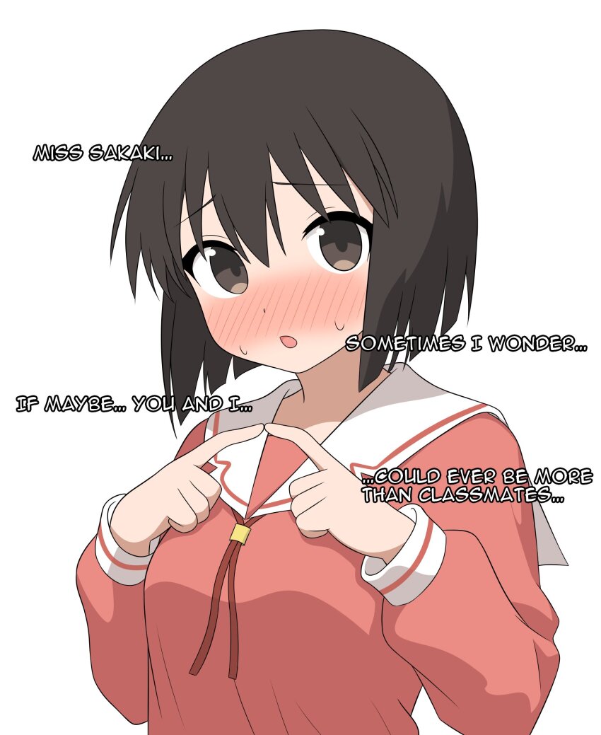 1girl 64vii anime_coloring azumanga_daioh&#039;s_school_uniform azumanga_daiou blush brown_eyes brown_hair commentary english_commentary english_text hashtag-only_commentary highres index_fingers_together kaori_(azumanga_daioh) long_sleeves looking_at_viewer orange_serafuku parted_lips sailor_collar school_uniform serafuku shirt short_hair simple_background solo sweatdrop talking upper_body white_background white_sailor_collar