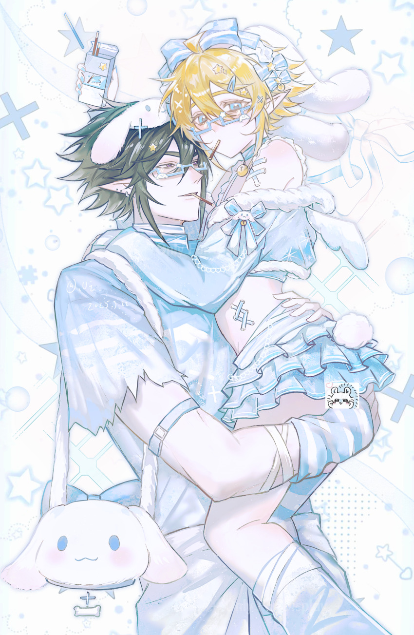 2boys :3 absurdres alternate_costume animal_ears aotu_world bandages bandaid bell bishounen black_hair blonde_hair blue_bow blue_eyes bow carrying cinnamoroll crop_top crossdressing fake_animal_ears food frills fuwa_fuwa_cinnamoroll glasses hair_between_eyes hair_bow hair_ornament hairclip hat highres hug king_(aotu_world) looking_at_viewer male_focus midriff multiple_boys pale_skin plutoray pocky pointy_ears rabbit_ears rabbit_tail ray_(aotu_world) sanrio shirt short_hair skirt smile star_(symbol) stuffed_toy tail trap yaoi