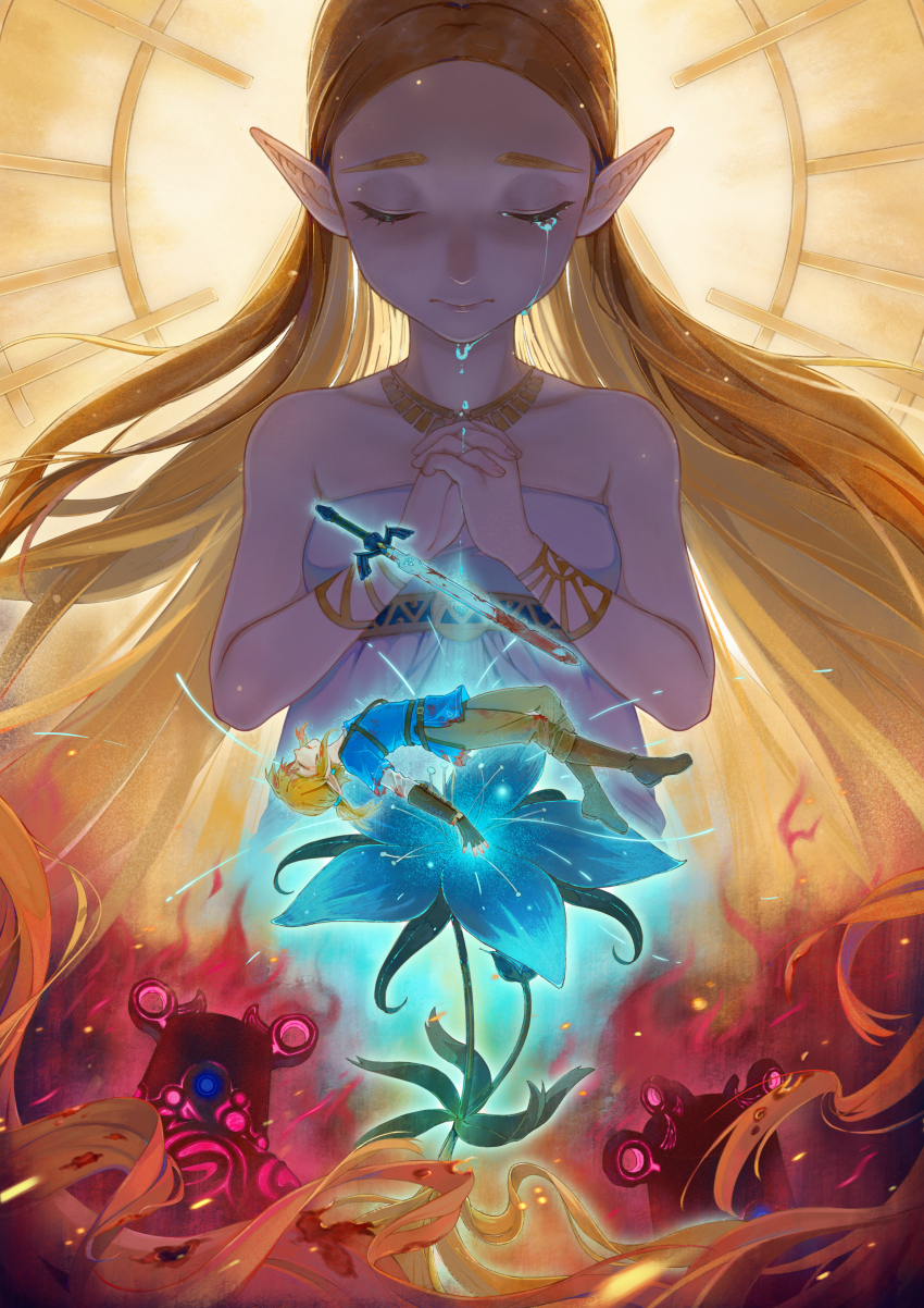 absurdres blonde_hair blue_tunic bracelet closed_eyes dmwggg dress guardian_(zelda) highres jewelry link long_hair master_sword nintendo pointy_ears praying princess_zelda princess_zelda silent_princess strapless strapless_dress tears the_legend_of_zelda the_legend_of_zelda:_breath_of_the_wild tunic white_dress