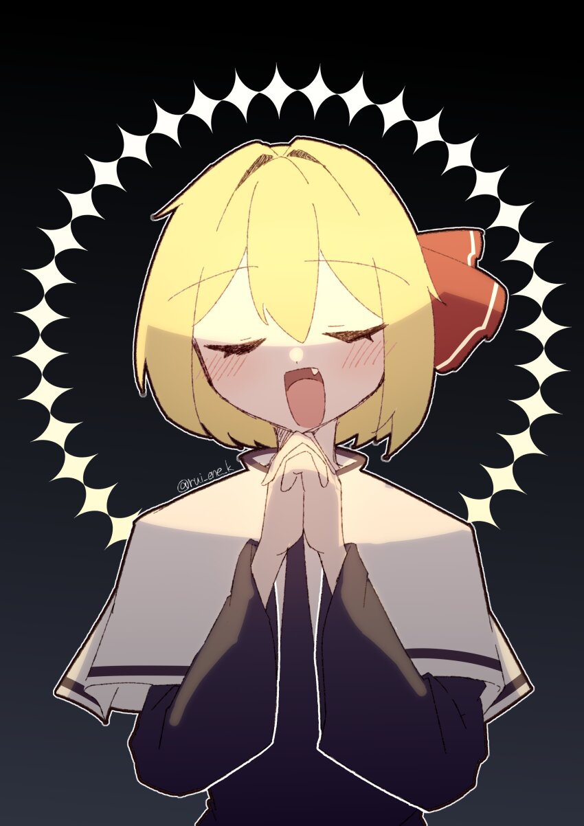 1girl absurdres alternate_costume black_dress blonde_hair blush capelet closed_eyes collared_capelet dress fang gradient_background hair_ribbon highres long_sleeves open_mouth own_hands_clasped own_hands_together praying red_ribbon ribbon rui_ene_k rumia short_hair solo touhou twitter_username white_capelet