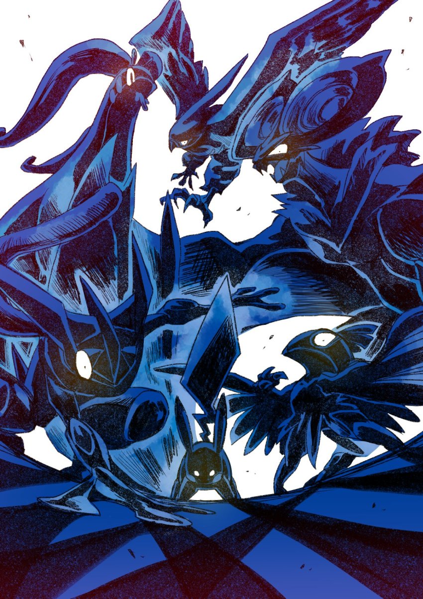 bird commentary_request fangs from_below gen_1_pokemon gen_6_pokemon glowing glowing_eyes goodra greninja harvest88 hawlucha highres legs_apart nintendo no_humans noivern open_mouth pikachu pokemon pokemon_(creature) standing talonflame