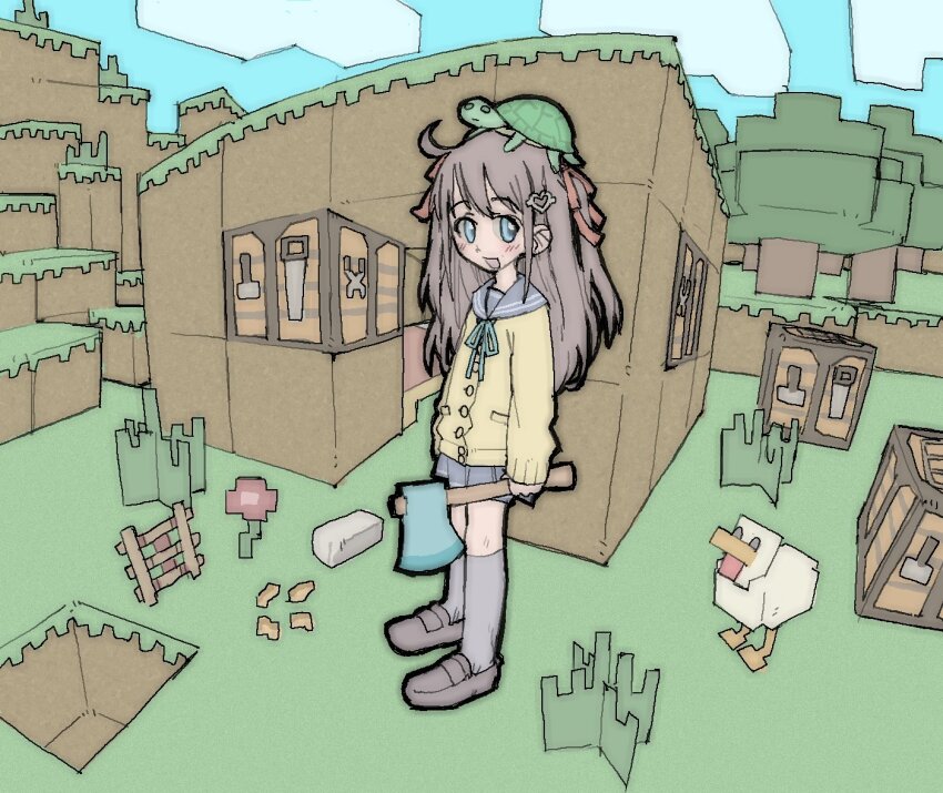 1girl :d ahoge axe bird black_outline block_(minecraft) block_(object) blue_eyes blush bow bowtie brown_footwear brown_hair cardigan chicken chicken_(minecraft) cloud crafting_table_(minecraft) fisheye flower grass green_ribbon grey_sailor_collar grey_skirt hair_bow hair_ornament heart heart_hair_ornament holding holding_axe indie_virtual_youtuber kneehighs long_hair long_sleeves looking_to_the_side minecraft minecraft_axe neck_ribbon neuro-sama open_mouth outline pantsu-ripper pleated_skirt red_ribbon ribbon sailor_collar school_uniform shoes skirt sky smile socks solo_focus standing tree turtle two_side_up vedal987 virtual_youtuber wide_shot yellow_cardigan