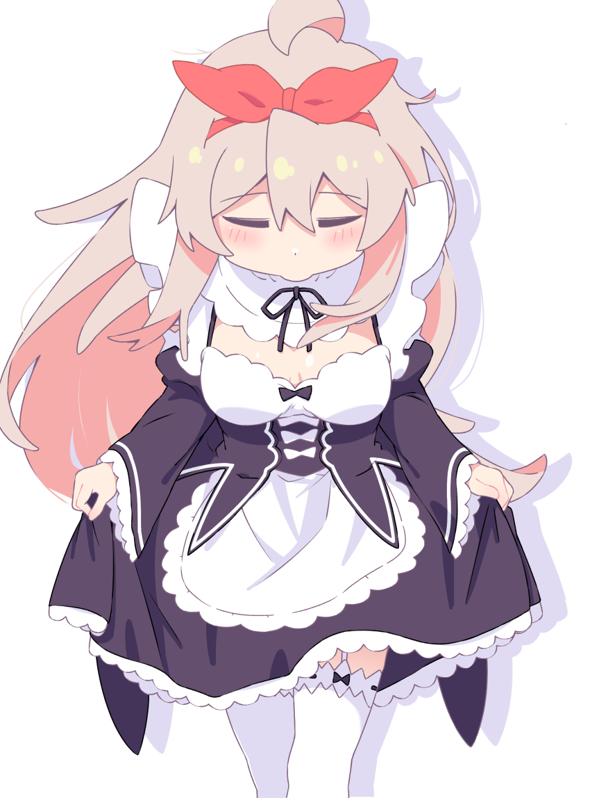 1girl absurdres achat ahoge blush breasts closed_eyes colored_inner_hair commentary cosplay curtsey frills garter_straps grey_hair hairband highres kouno_marika long_hair long_sleeves medium_breasts multicolored_hair onii-chan_wa_oshimai! oyama_mahiro pink_hair re:zero_kara_hajimeru_isekai_seikatsu red_hairband roswaal_mansion_maid_uniform skirt_hold solo thighhighs two-tone_hair very_long_hair voice_actor_connection white_garter_straps white_thighhighs wide_sleeves yurie_mouth