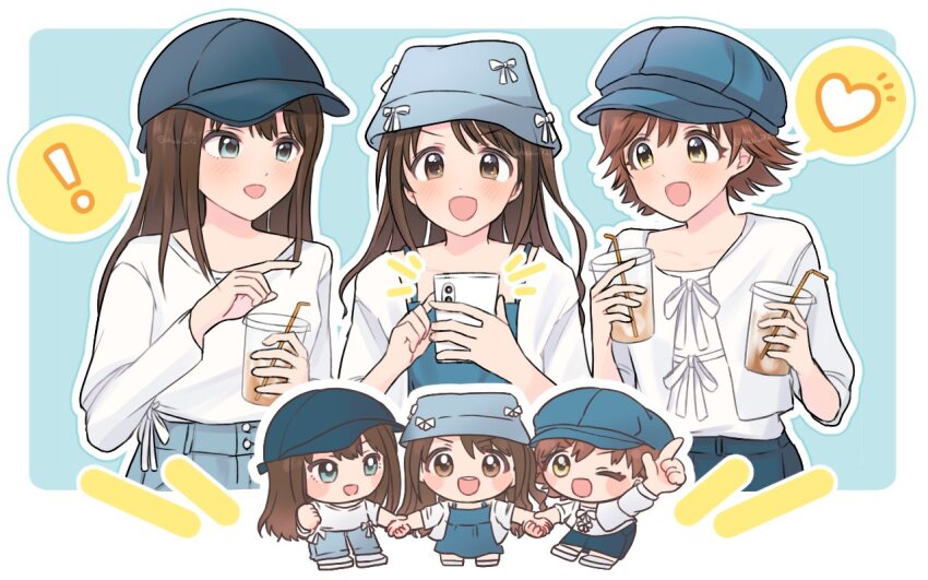 ! 3girls alternate_costume aqua_eyes arm_up artist_name baseball_cap blue_background blue_dress blue_hat blue_pants blue_skirt blush blush_stickers border breasts brown_hair bucket_hat cellphone chibi clenched_hand collarbone commentary_request cup disposable_cup dot_nose dress drink drinking_straw fingernails flat_cap full_body hands_up hat hat_ribbon heart high-waist_pants holding holding_cup holding_drink holding_hands holding_phone honda_mio huzi_i12 ice ice_cube idolmaster idolmaster_cinderella_girls image_in_speech_bubble long_hair long_sleeves looking_at_another medium_breasts multiple_girls multiple_views new_generations_(idolmaster) notice_lines one_eye_closed open_clothes open_mouth open_shirt outline outside_border pants phone pointing pointing_at_object ribbon shibuya_rin shimamura_uzuki shirt shirt_ribbon shoes short_sleeves sidelocks skirt smartphone smile speech_bubble standing straight_hair swept_bangs teeth thick_outlines tongue twitter_username upper_body upper_teeth_only wavy_hair white_border white_outline white_ribbon white_shirt white_shoes yellow_eyes