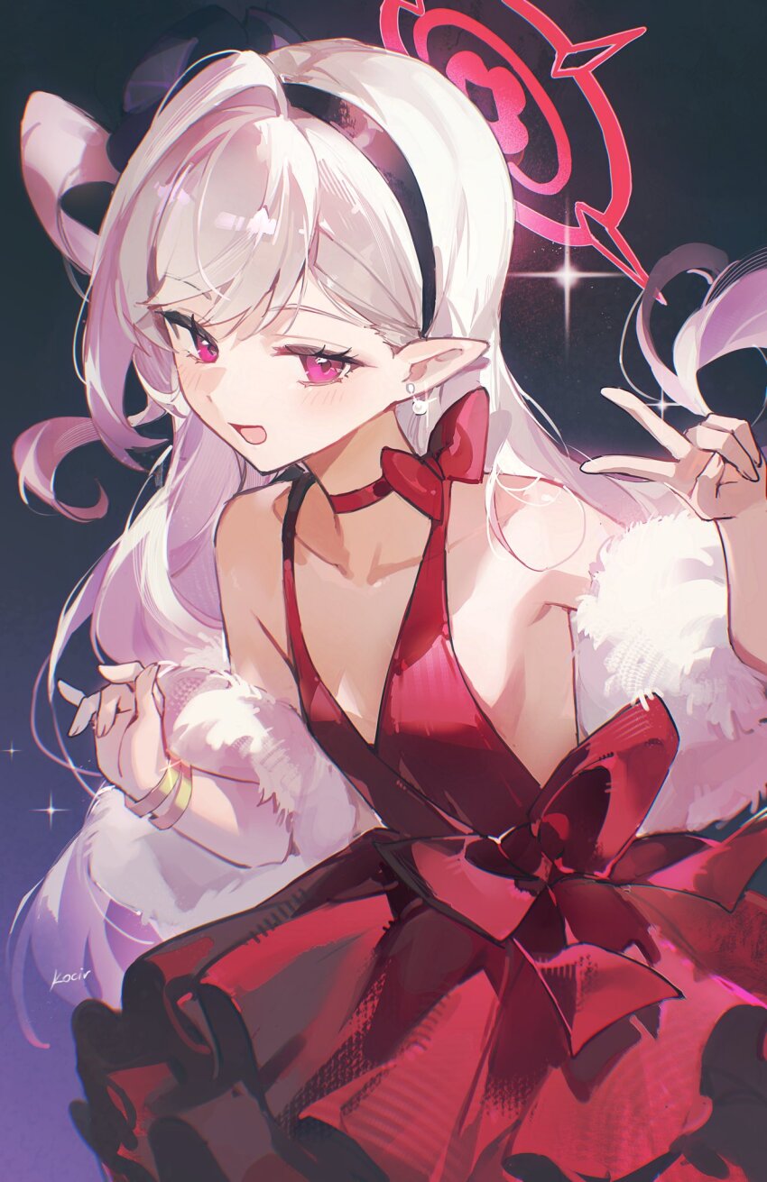 1girl black_hairband blue_archive dress earrings fur_shawl hairband halo highres jewelry kocir mutsuki_(blue_archive) mutsuki_(dress)_(blue_archive) official_alternate_costume pearl_earrings pink_eyes red_dress red_halo shawl sleeveless sleeveless_dress solo white_fur white_hair