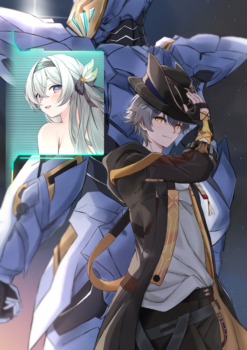 1boy 1girl absurdres armor armored_gloves black_coat black_gloves black_hat black_pants blush caelus_(honkai:_star_rail) coat fingerless_gloves firefly_(honkai:_star_rail) flower full_armor gloves grey_hair hair_flower hair_ornament hand_on_own_hat hand_up hat hat_ornament helmet hideharu highres hologram honkai:_star_rail honkai_(series) night night_sky open_clothes open_coat pants power_armor purple_eyes sam_(honkai:_star_rail) shirt short_hair sky smile standing t-shirt tinted_eyewear trailblazer&#039;s_hat_(honkai:_star_rail) trailblazer_(honkai:_star_rail) two-sided_coat two-sided_fabric white_armor white_shirt yellow_coat yellow_eyes