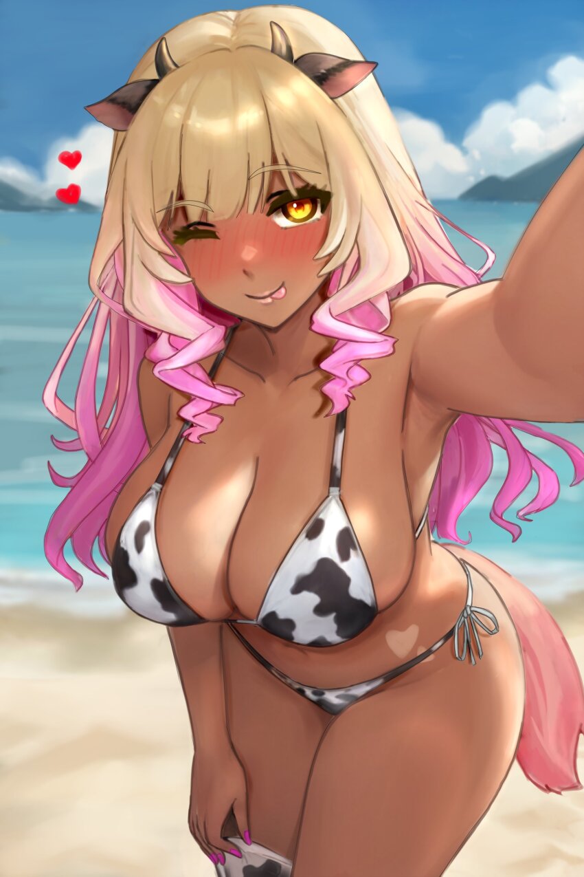 1girl absurdres animal_ears animal_print bare_shoulders beach bikini blonde_hair blue_sky blush breasts cleavage collarbone cow_ears cow_horns cow_print cow_print_bikini dark-skinned_female dark_skin fate/grand_order fate_(series) fox_girl fox_tail gradient_hair highres horns large_breasts long_hair looking_at_viewer multicolored_hair navel one_eye_closed outstretched_arm pink_hair print_bikini raskasar shore sidelocks sky solo suzuka_gozen_(fate) suzuka_gozen_(swimsuit_rider)_(fate) swimsuit tail tan thighs tongue tongue_out white_bikini yellow_eyes