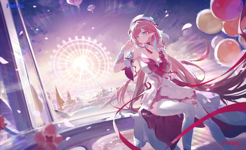 1girl absurdres amusement_park artist_name balloon breasts cleavage diamond-shaped_pupils diamond_(shape) dress elf elysia_(hi_love_elf)_(honkai_impact) elysia_(honkai_impact) ferris_wheel hashtag-only_commentary highres honkai_(series) honkai_impact_3rd large_breasts long_hair multicolored_hair night night_sky pink_hair pmmg pointy_ears purple_eyes red_dress sitting sky smile solo symbol-shaped_pupils thighhighs two-tone_dress two-tone_hair very_long_hair weibo_username white_dress white_hair white_thighhighs