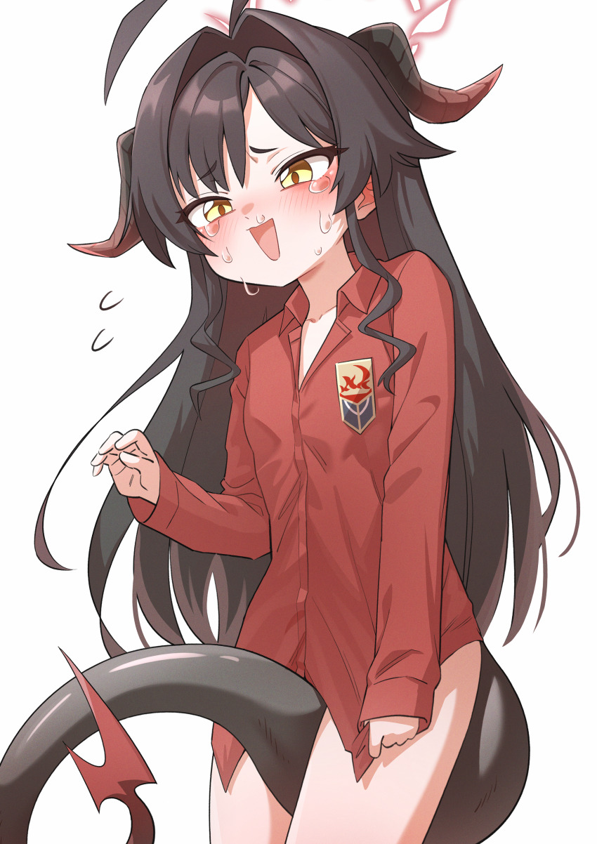 1girl absurdres ahoge between_legs blue_archive bottomless brown_hair crying crying_with_eyes_open flat_chest golmonggu hair_intakes halo highres horns kasumi_(blue_archive) long_hair long_sleeves naked_shirt open_mouth red_halo red_shirt shirt simple_background smile solo standing tail tail_between_legs tears white_background yellow_eyes