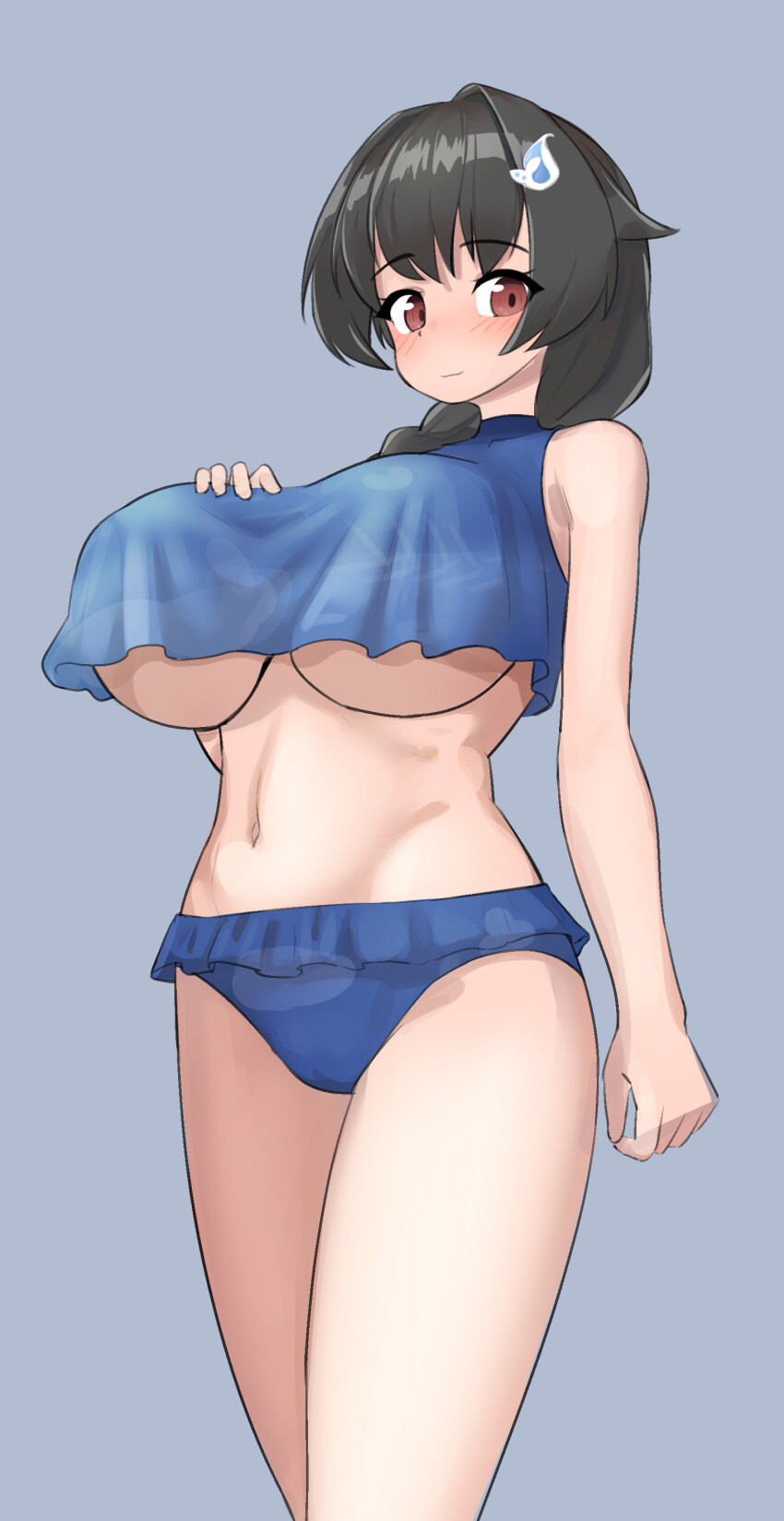 1girl absurdres bikini black_hair blue_bikini braid breasts frilled_bikini frills grey_background hair_flaps hair_ornament hair_over_shoulder highres jingei_(kancolle) jingei_(swimsuit)_(kancolle) kantai_collection large_breasts long_hair maru_(marg0613) red_eyes single_braid solo standing swimsuit turtleneck_bikini_top underboob whale_hair_ornament