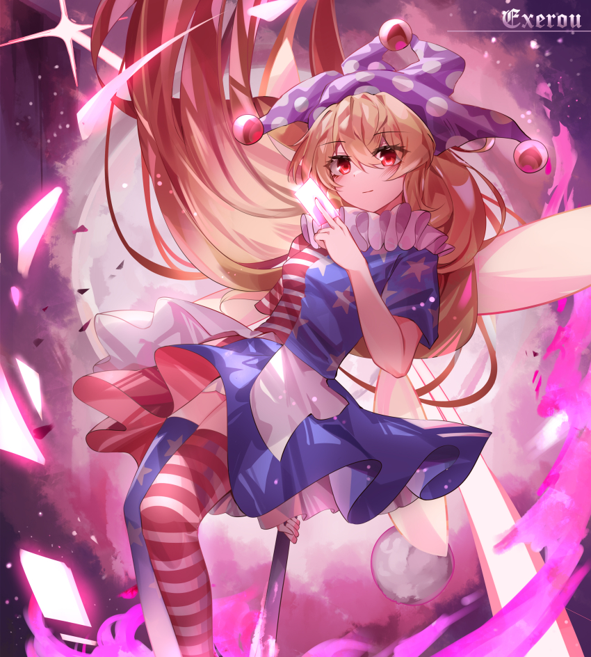 1girl absurdres american_flag american_flag_dress american_flag_print artist_name asymmetrical_legwear baseball_bat between_fingers blonde_hair card card_between_fingers closed_mouth clownpiece commentary_request dress fairy_wings feet_out_of_frame flag_print floating_hair full_moon hat highres holding holding_baseball_bat jester_cap long_hair looking_at_viewer mismatched_legwear moon neck_ruff pink_hat print_thighhighs red_eyes shooting_star smile solo star_(symbol) striped_clothes striped_dress striped_thighhighs thighhighs top-exerou touhou very_long_hair wings