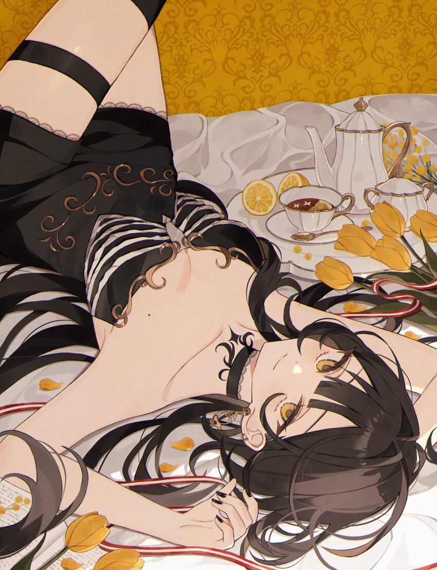 1girl black_choker black_dress black_thighhighs breasts brown_hair character_request choker cleavage closed_mouth collarbone commentary copyright_request cup dress earrings english_commentary flower food from_above fruit highres jewelry lemon lemon_slice long_hair looking_at_viewer lying mole mole_on_breast patterned_background satsuki_(miicat) short_dress small_breasts solo strapless strapless_dress teacup teapot thigh_strap thighhighs tray yellow_eyes